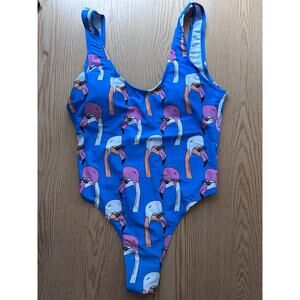 B45 New Women AMI 1pc Flamingo 🦩 with Swim Cap Blue Swimsuit Small/Medium